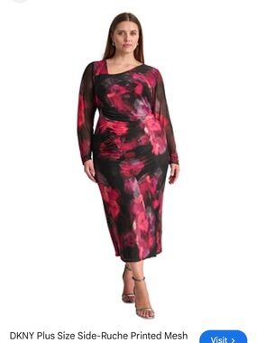 DKNY plus size side-rushed printed mesh dress